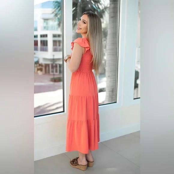 Flutter Sleeve Smocked Coral Midi Dress size M - Picture 2 of 3